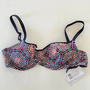 Freya Zeta Bikini Top Colorful Mosaic Pattern w/ Black Trim Bra Sized 36D NWT